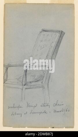 Washington Irving's Study Chair, Library at Sunnyside, Daniel Huntington, American, 1816–1906, Graphite on blue wove paper, Chair with arms an upholstered back, facing toward the left. Color notes on chair., Tarrytown, New York, USA, March 15, 1860, furniture, Drawing Stock Photo