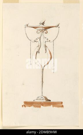 Design for an Oil Lamp, Black crayon, brush and red-brown watercolor on paper, Vertical rectangle. Lower part of lamp support has the general shape of a stork's leg, dividing in the middle into two fantastic half-figures of animals with one scroll horn supporting the round bowl, with a bigger central, and two smaller lateral spouts, burning. From spirals at top hang chains, supported by the protruding tongues of the animals, supporting the tools., Italy, early 19th century, metalwork, Drawing Stock Photo