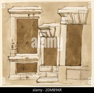 Three Designs for Window Frames, Giuseppe Barberi, Italian, 1746–1809, Pen and brown ink, brush and brown wash on lined off-white laid paper, At left: the window openings of the ground floor and of the basement are shown. Plain moulded framing. Center: the left side of a frame decorated with diamond shapes. Measurements indicated. At right: the left half of the window opening is shown. A wall panel is underneath. Five diamonds are suggested on top. Colored background., Rome, Italy, 1780-1795, architecture, Drawing Stock Photo