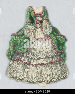 Paper Doll and Costume in Emerald Green and Pink Roses, Lithograph, brush  and watercolors on cream heavy wove paper, The outer layer of this gown is emerald  green, and is lined with pink roses. White lace peeks out from the sleeves  as well as in ...