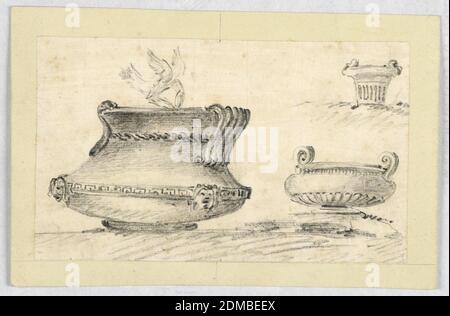 Three vases, Black chalk on paper., At left: a dish-like vase with two handles obliquely shown. A fret band, interrupted by masks, two of which are visible, surrounds the body. A bird picks food. At right, above: in a smaller scale a vase shaped like a mortar obliquely shown. Below, obliquely shown, a vase with two handles. The lower part of the body is bossed. The left one is apparently standing upon a wall, The other one upon raised walls., Rome, Italy, ca. 1775, ceramics, Drawing Stock Photo