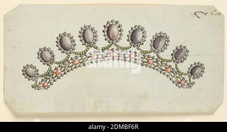 Design for a Coronet, Pen and sepia ink, brush and watercolor on light blue paper, Jewelry design for a coronet (small crown). Below is a band framed above and below by rows of beads and at the sides by a leaf; it contains two entwined ribbons with red diamonds above every other crossing point. The cresting has nine sapphires framed by rows of brilliants, upon the points of inversed circles. Bevelled corners., probably Naples, South Italy, Italy, ca. 1820, jewelry, Drawing Stock Photo