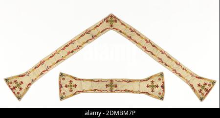 Vestments, Medium: wool on wool; lined with glazed linen Technique: embroidered on plain weave, White wool plain cloth ground embroidered in design of floral serpentines with polychrome wools. Lined with glazed pink linen., Spain, 19th century, costume & accessories, Vestments Stock Photo