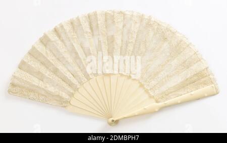 Pleated fan, Needle-lace leaf lined with silk net, ivory sticks, Pleated fan with needle lace leaf showing royal procession, lined with net. Ivory sticks. Guards have raised bumps in imitation of bamboo., possibly Netherlands, possibly USA, ca. 1875, costume & accessories, Pleated fan Stock Photo