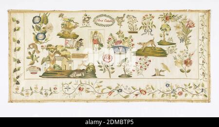 Sampler, Ana Cataña, Medium: silk, linen Technique:, Oblong sampler of cream linen embroidered in colored silks in various detached motifs: angel, flowers, a shepherd with lamb, house, birds and other animals, and a floral border. On the left side is Mexico's coat of arms – a golden eagle devouring a rattlesnake while perched on a prickly pear cactus., Mexico, early 19th century, embroidery & stitching, Sampler Stock Photo