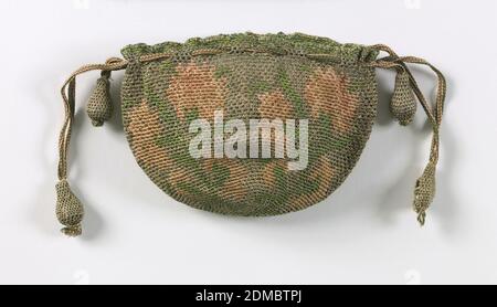 Purse, Medium: silk, metal Technique: looping, Small round bag with a rose spray on four sides, in green, rose and metal threads. Narrow braid draw cords, with drops covered in silver net. Unlined., Italy or Spain, 18th century, costume & accessories, Purse