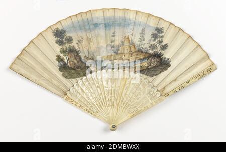 Pleated fan, Painted paper leaf, carved ivory sticks, glass stone at rivet, Pleated fan. Front and back leaves of painted parchment showing Italian pastoral scenes. Sticks of carved and pierced ivory; glass stone at the rivet, Italy, 1770, costume & accessories, Pleated fan Stock Photo