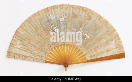 Pleated fan, Painted leaf of needle and bobbin laces, sticks of imitation tortoise, Pleated fan. Single leaf of duchesse lace (needle and bobbin laces) painted with scene of cherubs interacting with lace birds. Sticks of imitation tortoise with ribbon holder., Probably France, 19th century, costume & accessories, Pleated fan Stock Photo