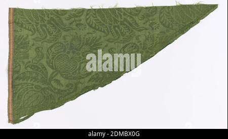 Fragment, Medium; silk Technique: damask, Green-on-green damask fragment with a pattern of large floral sprigs., Italy, 17th century, woven textiles, Fragment Stock Photo