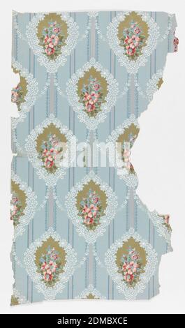 Sidewall, Machine-printed, On light blue ground with vertical blue-edged mica stripes, alternating lozenge-shaped medallions with blue & white floral edge; metallic gold center field with bouquet of pink, red and blue flowers and green leaves; medallions are linked by vertical mica ribbons at the top and bottom, and small white daisy chains forming a trellis pattern., USA, 1875–1920, Wallcoverings, Sidewall Stock Photo