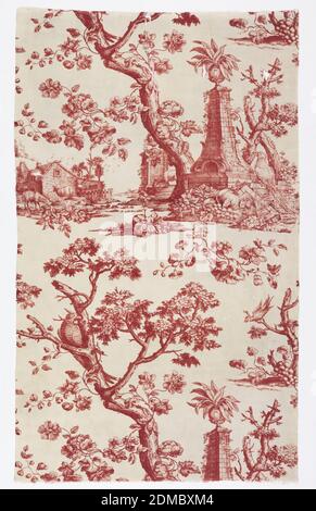 Textile, Nixon & Co., 1705 - 1765, Medium: linen warp, cotton weft Technique: Printed by engraved copper plate, Plate print in red on a white ground. Main motif includes a momument supporting an urn containing a large leafed plant, a cockatoo seated at the base of the monument, a sheep standing in in front of another pedestal in the background; a tall tree with a flowering vine twined around its trunk, a cockatoo perched on a branch of the tree. A second small motif has a country cottage with 2 sheep grazing in the foreground and a birdhouse behind the house. A third motif has a cockatoo Stock Photo