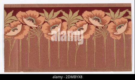 Frieze, William H. Mairs and Company, Brooklyn, New York, Machine-printed oatmeal paper, Large-scale poppies on stem with flowers running along top edge and stems at bottom. The space between the band of poppy flowers and the top edge is printed deep red. Printed on pink oatmeal paper., Brooklyn, New York, USA, 1905–1915, Wallcoverings, Frieze Stock Photo