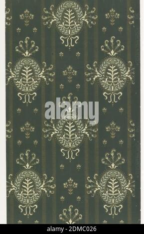 Sidewall, York Wall Paper Company, 1895, Machine-printed paper, liquid mica, On dark gray-blue ground, vertical stripes with staggered white oval medallions composed of plants framed by ribbons and scrolls., York, Pennsylvania, USA, 1905–1915, Wallcoverings, Sidewall Stock Photo