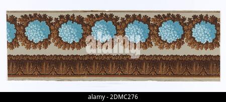 Border, Block-printed and flocked on handmade paper, Floral design with turquoise-colored chrysanthemums and brown flocked leaves, printed on hand-brushed taupe ground., France, ca. 1810, Wallcoverings, Border Stock Photo