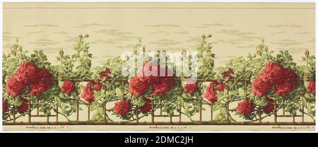 Frieze, M.H. Birge & Sons Co., 1834, Machine-printed on paper, A bamboo trellis is covered with climbing rose vines with numerous large red roses and buds. Above the trellis is a clouded sky. Printed in red, green and brown on beige ground., Buffalo, New York, USA, 1900–15, Wallcoverings, Frieze Stock Photo
