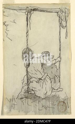 Two Girls on a Swing, Winslow Homer, American, 1836–1910, Graphite on off-white paper, Vertical rear view of two girls sitting in a swing, hung from the branch of a tree., USA, 1879, figures, Drawing Stock Photo