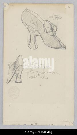 Shoe, Robert Frederick Blum, American, 1857–1903, Graphite on wove paper, Above, Sketch of a lady's shoe with a slip-knot tie; Below, Detail sketch of the heel., USA, 1876, costume & accessories, Drawing Stock Photo