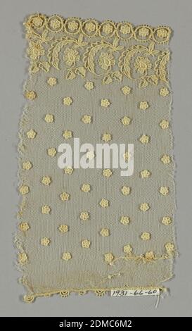 Lace fragment, Medium: cotton Technique: machine made, Imitation Alençon lace has design of small five-petaled flowers sprinkled on field above a border of curving leaves and flowers and five-petaled flowers within circles., France, ca. 1870, lace, Lace fragment Stock Photo