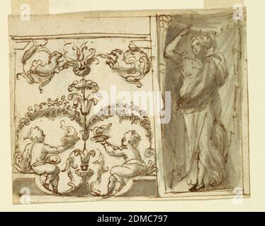 Two Projects for Painted Decorations of Panels, pen and ink, brush and grey watercolors, charcoal on laid paper., Horizontal rectangle. At let is a panel framed by pilasters and an entablature. In the center sits a plant candelabrum with rinceaux and half-figures of lions. Garlands connect the candelabrum and rinceaux below and two children sit with bowls containing fire. At the right, is an oblong with the figure of a standing, armored woman, with a spear in her right hand. The figure is shown in a niche, formed by a curtain., Italy, 1580–1590, ornament, Drawing Stock Photo