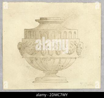 Design for a Vase, Pen and ink, brush and wash on paper, Vertical rectangle showing a footed vase with bucraneum., Italy, 19th century, ornament, Drawing Stock Photo