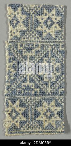 Textile, Medium: cotton embroidery on cotton foundation Technique: embroidered in cross stitch on plain weave, Design of lozenges and eight-pointed stars worked in blue cross-stitch on a white ground., Greece, 19th century, embroidery & stitching, Textile Stock Photo