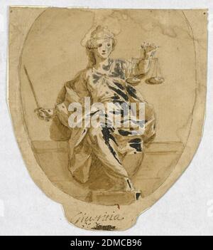 Design for an Ovoidal Painting: Justice, Giacomo Zampa, Italian, 1731 - 1808, Black chalk, pen and ink, brush and sepia wash, brush and oxidized white gouache on brown paper, Shown de face seated upon a bench, holding a sword in the right, a pair of scales in the left hand. Ovoid, caption, signature similar to 1931-65-50 but 'Giustizia', no number. On verso: Study: a raised head shown in profile turned toward right., Forli, Italy, ca. 1780, Drawing Stock Photo