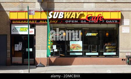 Subway Cafe, 341 W 42nd St, New York, NYC storefront photo of a fast food chain restaurant serving sandwiches and coffee in Midtown Manhattan. Stock Photo