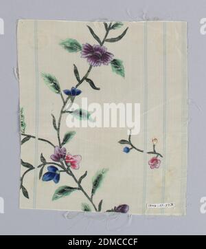 Fragment, Medium: tempera on silk Technique: printed and painted on plain weave, White ground with narrow vertical stripes of pale blue. Serpentine dark green stems with light green, almond-shaped leaves and red, purple, and blue flowers., China, 18th century, printed, dyed & painted textiles, Fragment Stock Photo
