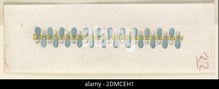 Design for a Bracelet, Pen and black ink, brush and gray wash, green, yellow watercolor, graphite on white laid paper, Horizontal rectangle. Upon a band of narrow gold squares are composite gem forms which resemble exclamation points. These composite forms, made up of green pear-like shape and round pearl element, alternate in orientation between top and bottom., Italy, early 19th century, jewelry, Drawing Stock Photo