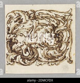 An Acanthus Scroll, Pen and ink, brush and bistre on paper, The right half of the decoration of an oblong panel. Starting with a scroll, bottom left, and ending with a flower at the right center., Italy, 1700–1750, architecture, Drawing Stock Photo