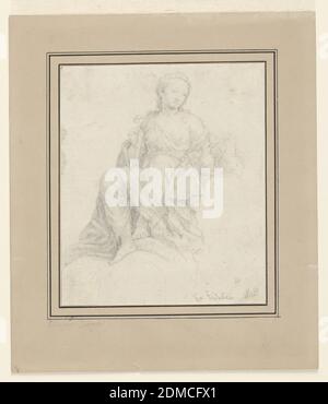 Allegorical Figure of Fidelity, Giuseppe Longhi, Italian, 1766–1831, Graphite on cream paper, laid down, The allegorical figure of Fidelity is seated on a cloud, looking at kissing doves on her left., northern Italy, Italy, 1790–1830, figures, Drawing Stock Photo