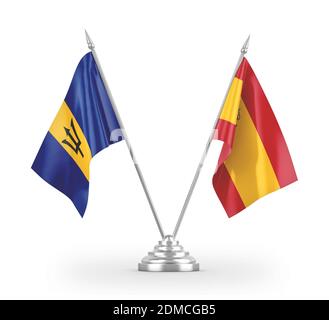 Spain and Barbados table flags isolated on white 3D rendering Stock Photo