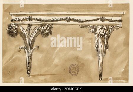 Console Table, Pen and brown ink, brush and brown wash on off-white laid paper, lined, Elevation of a table with alternative suggestions. At left, the table is supported by two cornucopia; at right, a gaine with a lion head., Italy, ca. 1790, furniture, Drawing Stock Photo