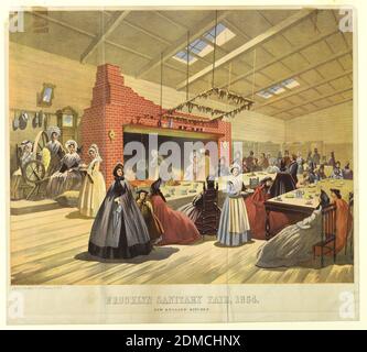 Brooklyn Sanitary Fair of 1864: New England Kitchen, A. Brown and Company, Chromolithograph on paper, A large kitchen, with open heart. The visitors sample foods cooked there. A group in eighteenth-century costume, at left, is seen spinning. Below: 'Brooklyn Sanitary Fair, 1864 / New England Kitchen'. (Plate from History of the Brooklyn and Long Island Fair, 22 February, 1864, p. 75)., USA, 1864, Print Stock Photo