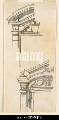 Two Window Cases, Filippo Marchionni, Italian, 1732–1805, Graphite, pen and ink, brush and gray watercolor on laid paper, Above: pediment is circular with an angularly broken base. In the interval between the window frame and the base is a keystone from which a garland hangs. A first design of the pediment has been made invalid. Below, the scheme is the same as above. The window frame is surrounded by a panel with pillars laterally supporting an entablature, straight above the capitals then curved upward. On top is a pointed pediment with a sphere upon a base above the straight part. Stock Photo