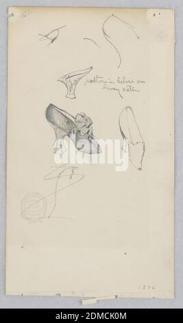 Shoe, Robert Frederick Blum, American, 1857–1903, Graphite on wove paper, Four sketches of a lady's shoe., USA, 1876, costume & accessories, Drawing Stock Photo