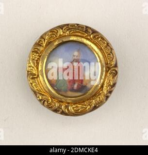 Button, Gilt copper, watercolor on ivory, Circular metal form with inset miniature painting of a chinaman., On card 43, France, ca. 1760, costume & accessories, Decorative Arts, Button Stock Photo