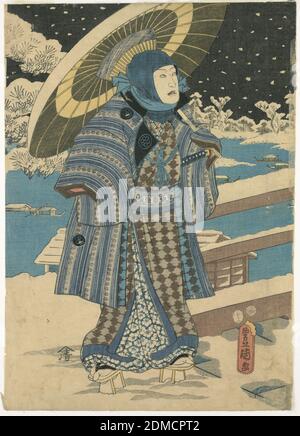 Part of a triptych: man with a parasol, Utagawa Kunisada, Japanese, 1786 – 1864, Woodblock print (ukiyo-e) on mulberry paper (washi), ink with color, Japan, 1854, theater, Print Stock Photo