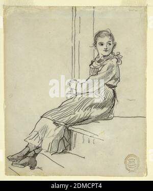 Girl Seated on a Porch Step, Winslow Homer, American, 1836–1910, Graphite on paper, Vertical view of a girl sitting on a porch step and holding with her arms a column, as her head turns to her left., USA, 1879, figures, Drawing Stock Photo