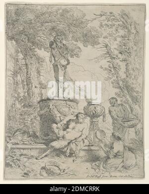 The Festival of Pan, Giovanni Benedetto Castiglione, Italian, 1609–1664, Etching on paper, Figural scene in a garden or forest clearing. At center, the Greek God Pan reclines at the base of a monument topped with a statue, a flute in his right hand, his hindquarters and legs in the form of a goat, like a satyr. In the foreground, a tambourine and an empty wine vessel. A seated woman at right raises another tambourine or drum. A male figure at right holds a large bowl. Behind him, a smoking urn on a pedestal., Italy, 1648, figures, Print Stock Photo