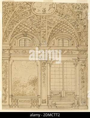 Design for a Drawing Room, Graphite, pen and ink, brush and bistre on paper, Elevation of a room, showing two bays and a section of a ceiling. Both bays have windows in the lunettes above the entablature. The left bay is decorated with a view into a garden. Below, a balustrade and a stone bench. At right, a window with two wings. Below, a bench in front of the dado. The framing pilasters are decorated with candelabrum and garlands. The vaulted ceiling shoes a trellis architecture with vine branches. Birds fly above the central compartment and sit upon the rim., France and Italy, 1750–75 Stock Photo