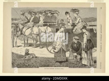The Picnic Excursion, Winslow Homer, American, 1836–1910, Appleton's Journal of Literature, Science and Art, D. Appleton and Company, New York, NY, D. Appleton and Company, New York, Wood engraving in black ink on paper, Two groups of men and women in two three-seated White Mountain wagons. In the right foreground, a kneeling gentleman holds a bottle of wine and a basket while two ladies stand by. A dog rests in the grass on the left., USA, August 14, 1869, figures, Print Stock Photo