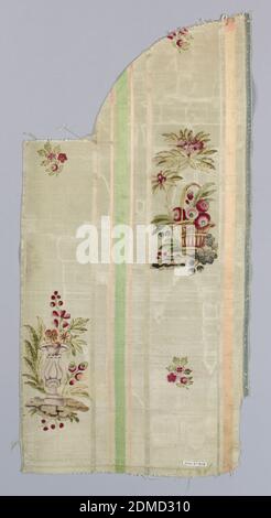 Fragment, Medium: tempera on silk Technique: printed and painted on fancy satin weave, White moire ground wiith vertical stripes in white, green and peach. Over the white stripes is a design of a flower-filled urn, table and vase with scattered floral sprays in red, pink, green, yellow, grey and black., France, 18th century, printed, dyed & painted textiles, Fragment Stock Photo