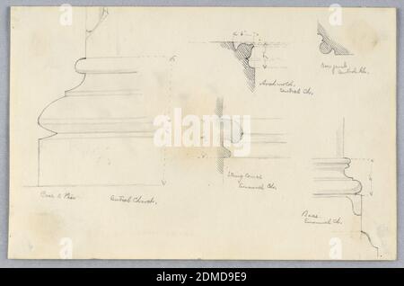 Architectural Details, Arnold William Brunner, American, 1857–1925, Graphite on paper., Base of pier, and moulding for the Central Church. Base and string course for the Emanuel Church., USA, 1877–80, architecture, Drawing Stock Photo