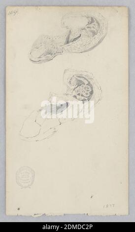 Shoe, Robert Frederick Blum, American, 1857–1903, Graphite on wove paper, Sketch of slippers with intricate embroidery and an upturned toe., USA, 1877, costume & accessories, Drawing Stock Photo