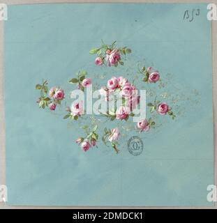 Design for Wallpaper and Textiles: Flowers, Brush and gouache, graphite on blue paper, Horizontally-oriented diamond shape made of pink roses and foliage. Clusters of pink roses and single blooms outline the diamond. A reverse C-shape is formed in the center by a group of roses. Small beige and light gray branches with round ends fill the background of the diamond. Guidelines in graphite are visible on the page with the diamond bisected horizontally and vertically. On blue ground., France, 19th century, wallpaper designs, Drawing Stock Photo