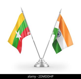 India and Myanmar table flags isolated on white 3D rendering Stock Photo