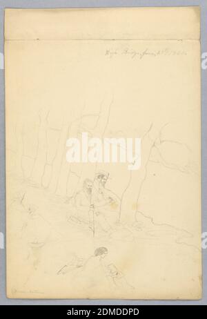 Leaf from a sketchbook: T. Addison Richards and Robert O'Brien at High Bridge., Martha S. Day, Pencil on paper, Vertical rectangle. The two teachers are seen seated under trees. Women are seen sketching in the foreground. Inscribed, upper right (in pencil): 'High Bridge, June 29th 1860,' and lower left: 'from nature.' Indentification of personages on verso., June 29, 1860, figures, Drawing Stock Photo