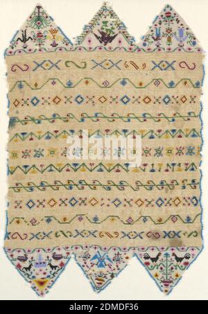 Sampler, Medium: glass beads, cotton Technique: embroidered in overcasting with withdrawn element work on plain weave foundation; triangular tabs of looping using beads, Beads sewn in patterns onto bands of withdrawn element work. Each end has three triangular tabs made of beads sewn to each other in a pattern., Mexico, late 19th century, embroidery & stitching, Sampler Stock Photo