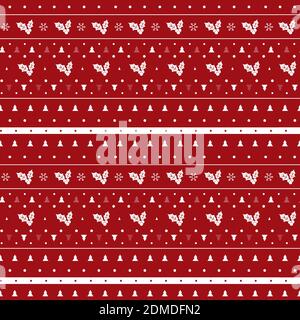 Christmas sweater seamless pattern with Christmas trees and holly berries on red background Stock Vector